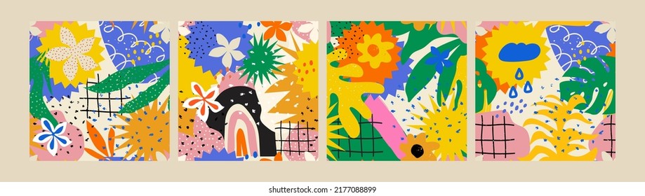 Tropical, bright, exotic patterns with various shapes, simple elements, flowers, leaves, rainbow. Great for wrapping, wallpaper, home décor, clothing design and more