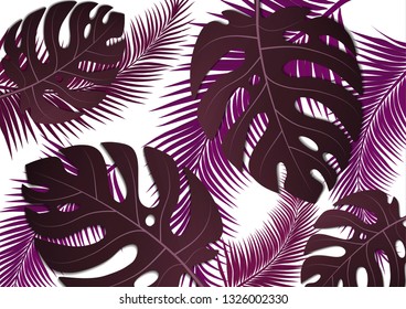 Tropical bright flyer, leaflet with monster leaves and palm trees. Exotic tropical trendy print. Invitation to a party in an exotic style. Vector illustration.
