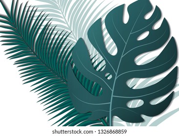 Tropical bright flyer, leaflet with monster leaves and palm trees. Exotic tropical trendy print. Invitation to a party in an exotic style. Vector illustration.