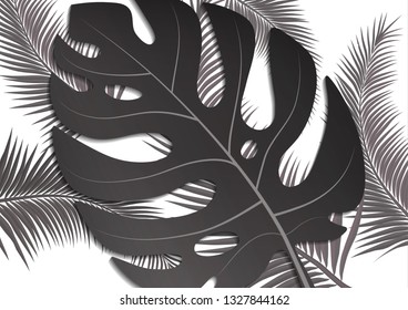 Tropical bright flyer, leaflet with monster leaves and palm trees. Exotic tropical trendy print. Invitation to a party in an exotic style. Vector illustration.