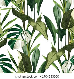 Tropical bright green leaves seamless pattern. Exotic tropical garden for wallpaper, greeting card and fashion design.