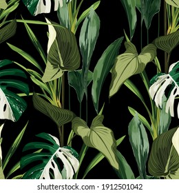 Tropical bright green leaves seamless pattern. Exotic tropical garden for wallpaper, greeting card and fashion design. White background.