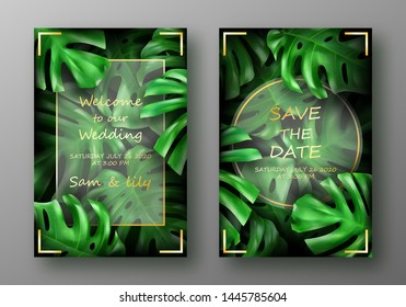 Tropical bright green monstera leaves vector. Beautiful botanical design with tropic exotic jungle plant and golden frame. Wedding ceremony or beach party invitation card, resort or travel agency ads