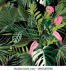 Tropical bright green and pink leaves exotic seamless pattern. Exotic tropical garden on black background.