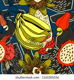 Tropical bright pattern design, exotic fruits and jungle plants.