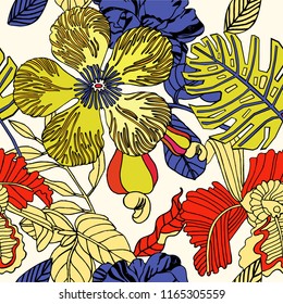 Tropical bright pattern design, exotic fruits and jungle plants.