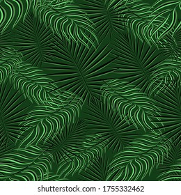 Impresión de vectores de palma sin foco tropical y brillante. Patrón Vector Hawaii Repetido Verde. Vector, fondo gráfico de primavera repetida. Patrón, Patrón Eco Seamless.