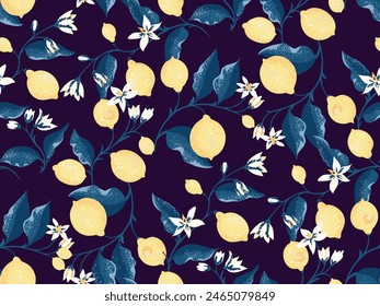 Tropical bright seamless pattern with blooming yellow lemons, on branch with leaves and buds flowers on a dark background. Vector hand drawing. Abstract artistic citrus fruit repeated printing 