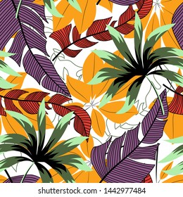 Tropical bright seamless pattern with colorful leaves and plants on white background. Vector design. Jungle print. Floral background. Printing and textiles. Exotic tropics. Fresh design.