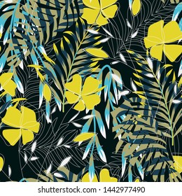Tropical bright seamless pattern with colorful leaves and plants on green background. Vector design. Jungle print. Floral background. Printing and textiles. Exotic tropics. Fresh design.