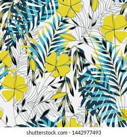 Tropical bright seamless pattern with colorful leaves and plants on a light background. Vector design. Jungle print. Floral background. Printing and textiles. Exotic tropics. Fresh design.