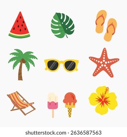 Tropical Bright Summer Icon Set. Collection of Beach Elements Including Sunglasses, Surfboard, Sea Shells, ice cream, monstera, and Tropical Fruits for Fun and Vibrant Summer-Themed Designs
