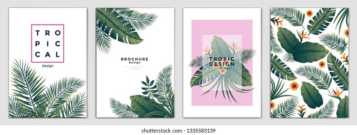 Tropical Brochure Design Layout Template in A4 size, greeting cards. Frame with tropic leaves. Ideal for party poster, greeting card, banner or invitation. Vector Illustration