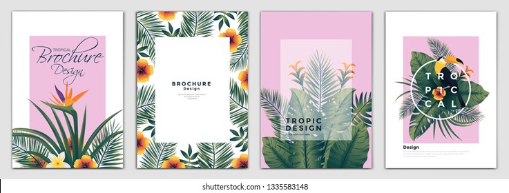 Tropical Brochure Design Layout Template in A4 size, greeting cards. Frame with tropic leaves. Ideal for party poster, greeting card, banner or invitation. Vector Illustration