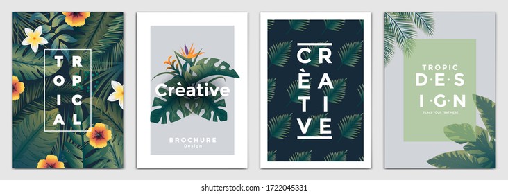 Tropical Brochure Design Layout Template in A4 size, greeting cards. Frame with tropic leaves. Ideal for party poster, greeting card, banner or invitation. Vector Illustration