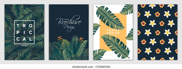 Tropical Brochure Design Layout Template in A4 size, greeting cards. Frame with tropic leaves. Ideal for party poster, greeting card, banner or invitation. Vector Illustration