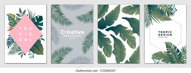 Tropical Brochure Design Layout Template in A4 size, greeting cards. Frame with tropic leaves. Ideal for party poster, greeting card, banner or invitation. Vector Illustration