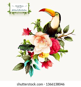 Tropical bud flowers on white. Illustration of bouquet with toucan bird around for fabric, textile and other prints. Abstract, watercolor. Hand drawn. Vector - stock.