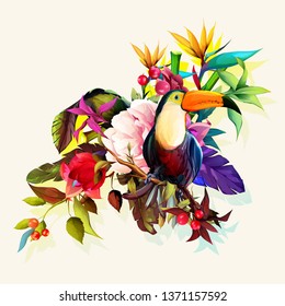 Tropical bud flowers on white. Illustration of bouquet with toucan bird around for fabric, textile and other prints. Abstract, watercolor. Hand drawn. Vector - stock.