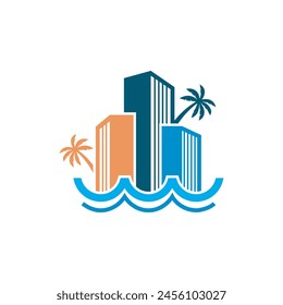 Tropical Building apartement realty Logo. Tropical beach estate logo template with palm tree and building architecture icons stock vector illustration.