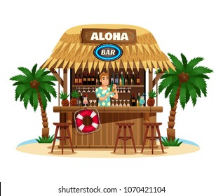 Tropical bungalow bar on ocean coast with smiling barman offering drinks vector illustration 