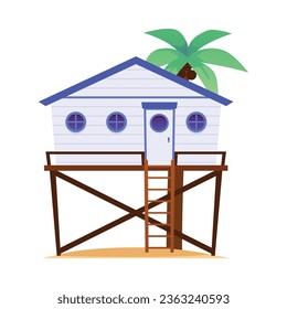 Tropical bungalow building or beach house, flat vector illustration isolated on white background. Beach house icon for sea vacation and summer holiday.