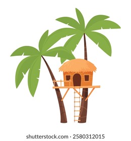 Tropical bungalow island wooden hut on palm trees vector flat illustration. Exotic house villa cottage summer construction architecture with stairs for paradise living holiday vacation