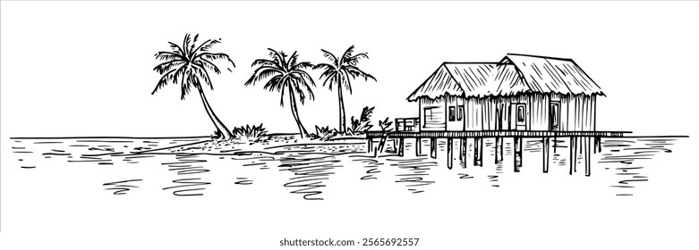 tropical bungalow on stilts by palm trees and water, black vector illustration