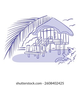 Tropical bungalow on stilts by the sea, hand drawn sketch. Vector travel postcard, summer print or poster. Elegant scenes of coastal or island villa on the beach with palm trees.