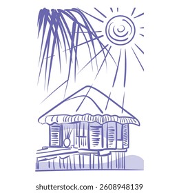 Tropical bungalow on stilts by the sea with palm branch and summer sun, hand drawn sketch. Vector travel postcard, summer poster. Elegant scenes of coastal or island villa on the beach.