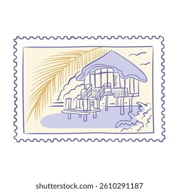 Tropical bungalow on stilts by the sea with palm and summer sun, hand drawn sketch. Hand drawn vintage sticker, travel postcard.  Vector ink isolated illustration in retro style of villa on the beach.
