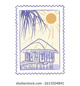 Tropical bungalow on stilts by the sea with palm and summer sun, hand drawn sketch. Hand drawn vintage sticker, travel postcard.  Vector ink isolated illustration in retro style of villa on the beach.