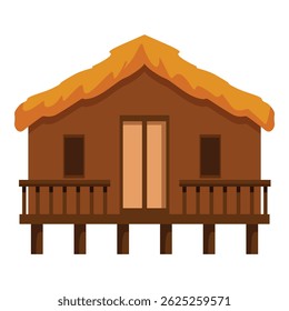 Tropical bungalow with straw roof and wooden railings is waiting for tourists