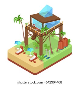 Tropical Bungalow Villa Suit with Palm Trees. Beach Real Estate. Isometric vector flat 3d illustration
