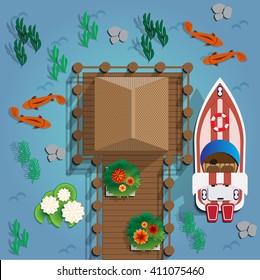 Tropical bungalows with floating fish. View from above. Vector illustration. 