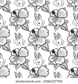 Tropical Bunny Hibiscus Seamless Pattern A delightful and whimsical seamless pattern featuring delicate hibiscus flowers and playful bunnies.