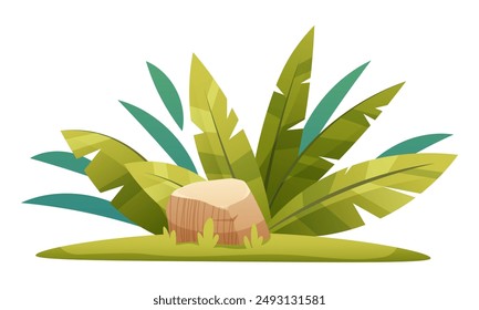 Tropical bush, jungle foliage with rock. Vector cartoon element on white background