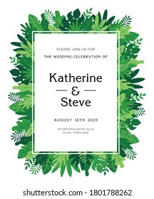 
Tropical bushes, plants and herbs rectangle frame in modern flat style. Frame template for cards, posters, banners