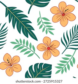 Tropischer Buttercup nahtloses Muster mit lebendigen Farben und exotischen Elementen auf weißem Konzept als Lebendige tropische Buttercups mit exotischen Elementen bilden ein lebendiges nahtloses Muster perfekt für Sommertextilien in Foto Stock Concept und leerem Raum auf der linken Seite, kein Text —ar 7:2 —tile