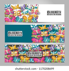 Tropical butterflies horizontal banner set. Cute header for invitation, advertisement, web page. Hand drawn  doodle cartoon style summer or spring design concept. Vector illustration.