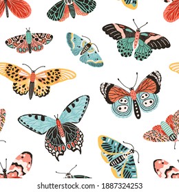 Tropical butterflies and moths with wings seamless pattern. Exotic flying insects vector flat illustration. Beautiful hand drawn butterfly wallpaper template. Decorative colorful print