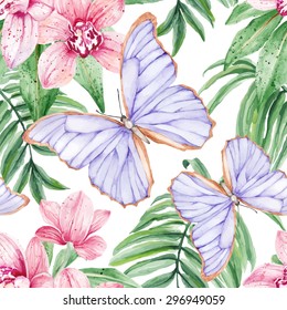 Tropical butterflies and pink orchids. Seamless, hand painted, watercolor pattern. Vector background