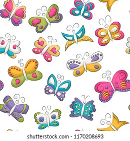 Tropical butterflies seamless pattern. Colorful girly and childish decor repeat background. Hand drawn doodle cartoon style summer or spring design concept. Vector illustration.