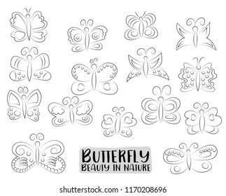 Tropical butterflies set of icons and objects. Hand drawn cartoon style summer or spring design concept. Black and white outline coloring page kids game. Monochrome line art. Vector illustration.