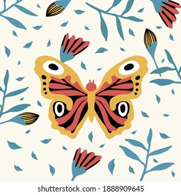 Tropical butterflies. A variety of insects fly near flowers. Doodle picture of soaring, colored, antennae, winged in nature. Illustration for a spring or summer poster.