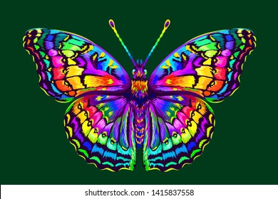 Tropical butterfly. Abstract, colorful, hand-drawn, graphic image of a butterfly on a dark green background.