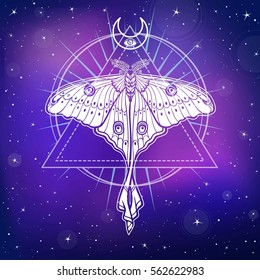  Tropical butterfly Argema mittrei. Esoteric symbol. Sacred geometry.  Background - the star sky, space. Vector illustration. Print, poster, t-shirt, card.