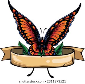 Tropical butterfly with colorful wings on white background.