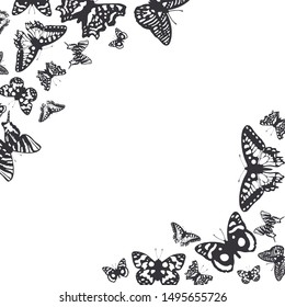 Tropical butterfly corner frame. Gorgeous monarch decoration border. Vector isolated illustration. Exotic butterflies wedding  background. 