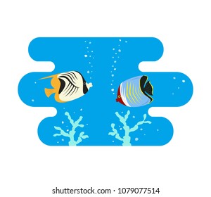 Tropical butterfly fishes on blue background. Vector illustration